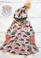 Load image into Gallery viewer, Floral Trucks Pixie Hood Dress- 3T-6