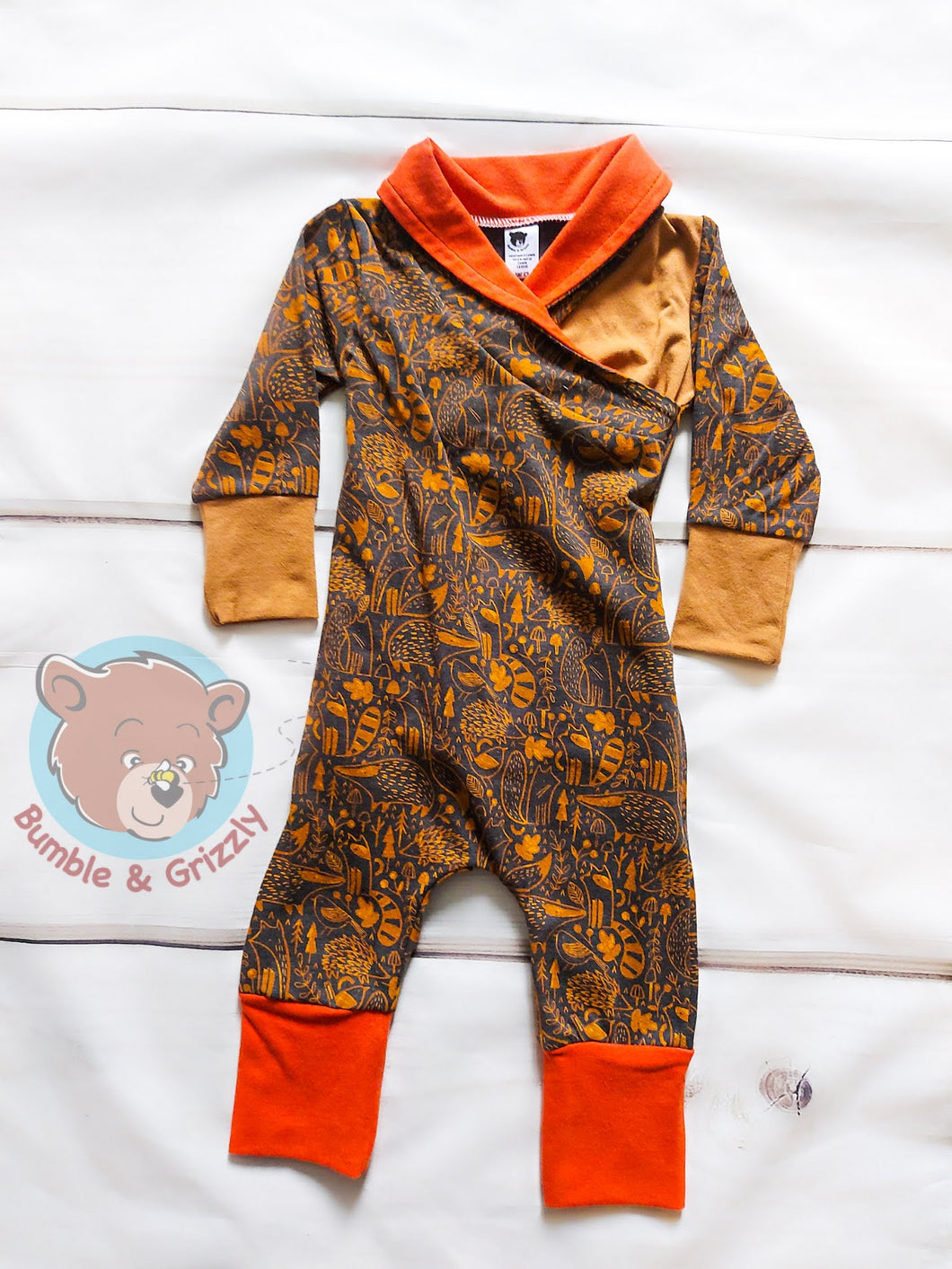 Rust Woodland Envelope Romper- 3-12m