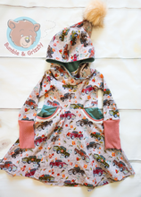 Load image into Gallery viewer, Floral Trucks Pixie Hood Dress- 3T-6
