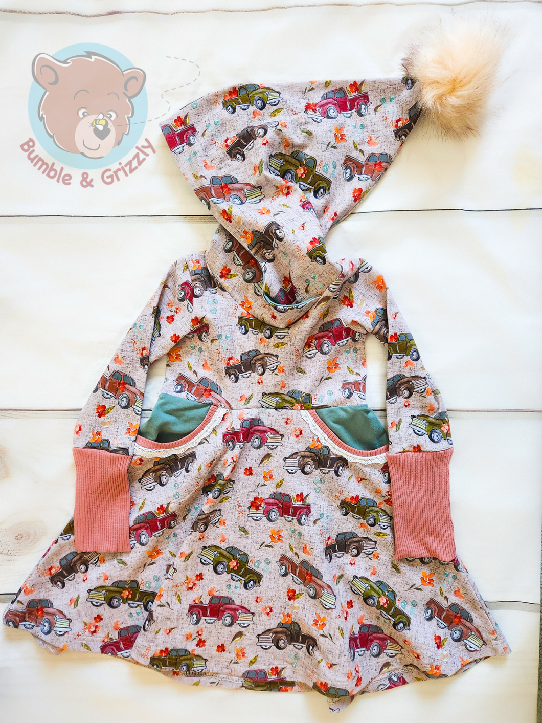 Floral Trucks Pixie Hood Dress- 3T-6